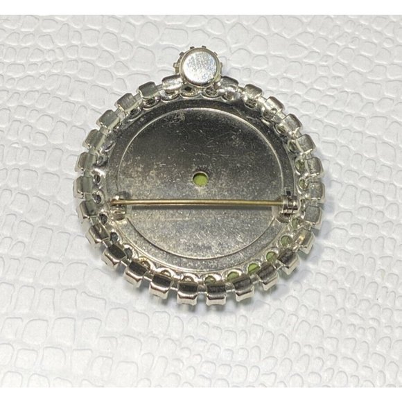 VTG Givre Art Glass AB Rhinestone Brooch Prong Set Green Yellow 2 Inches Silver - Picture 3 of 5